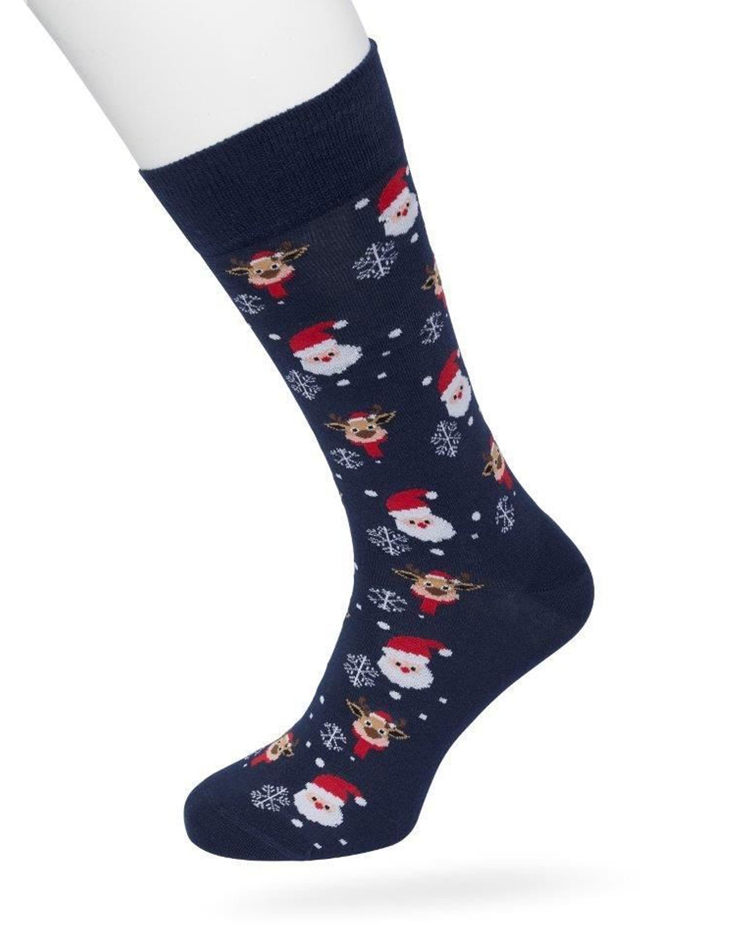 Bonnie Doon Santa & Rudolf Sock - men's Christmas themed cotton crew length ankle socks with Santas, Rudolf and snowflakes and and flat toe seams.