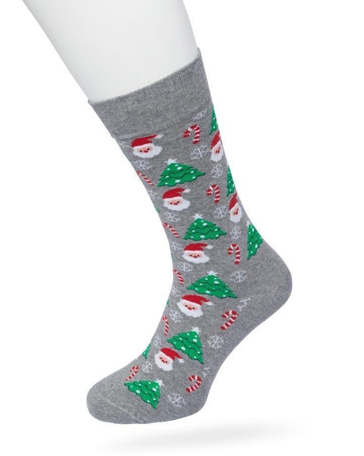 Bonnie Doon BP212512 / BP211512 Santa Sock - Grey Christmas themed cotton crew length ankle socks with Santas, candy canes, snowflakes and Xmas trees, baubles and flat toe seams.