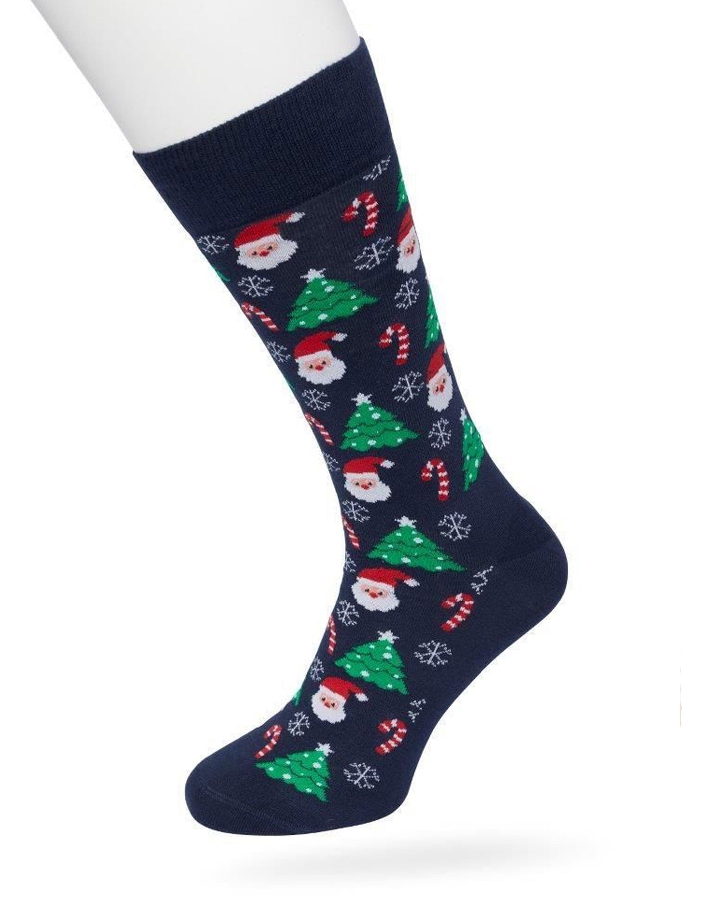Bonnie Doon BP212512 / BP211512 Santa Sock - Navy Christmas themed cotton crew length ankle socks with Santas, candy canes, snowflakes and Xmas trees, baubles and flat toe seams.