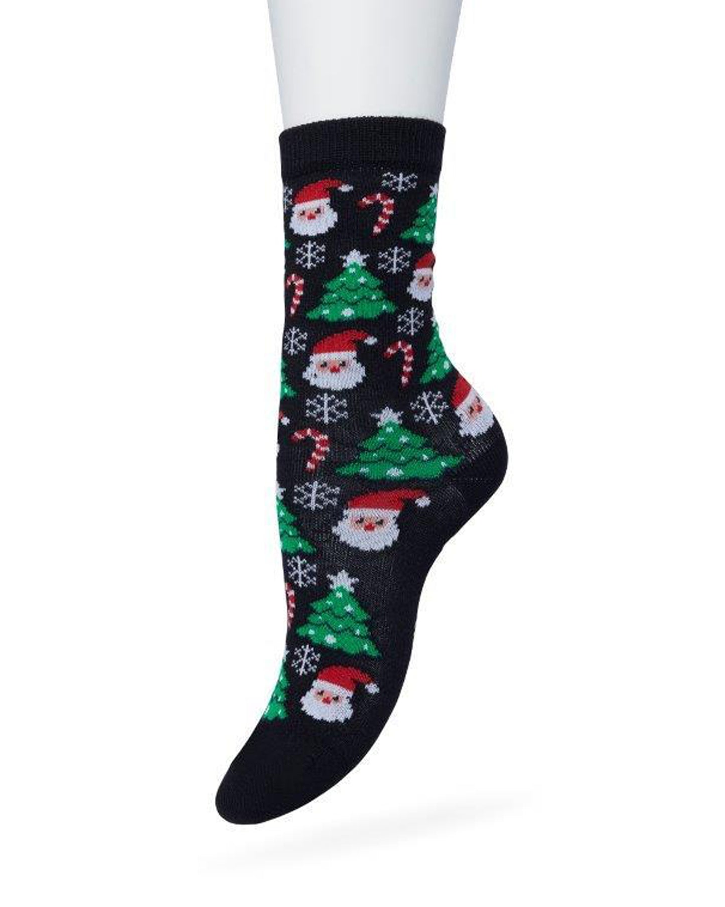 Bonnie Doon BP212512 / BP211512 Santa Sock - Women's Navy Christmas themed cotton crew length ankle socks with Santas, candy canes, snowflakes and Xmas trees, baubles and flat toe seams.