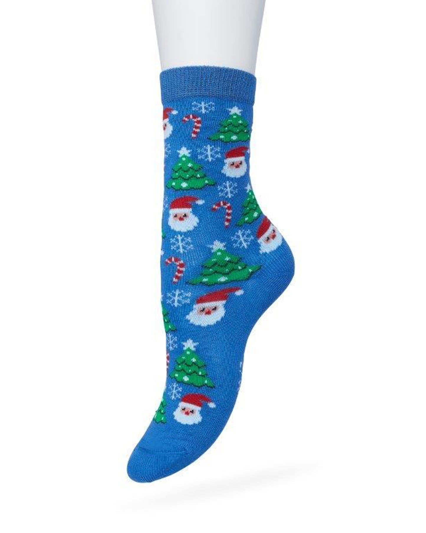 Bonnie Doon BP212512 / BP211512 Santa Sock - Women's blue Christmas themed cotton crew length ankle socks with Santas, candy canes, snowflakes and Xmas trees, baubles and flat toe seams.