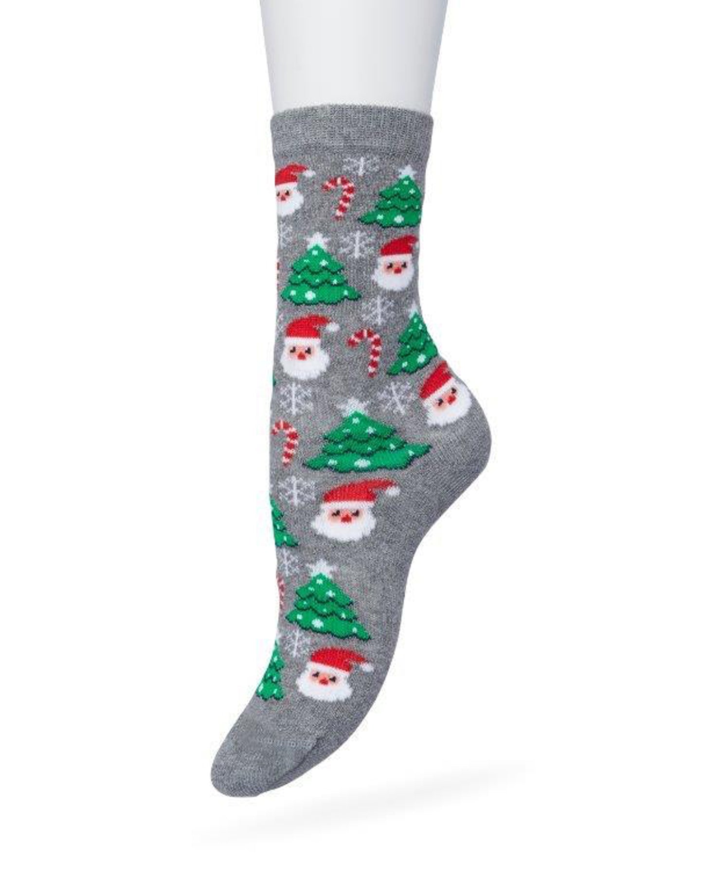 Bonnie Doon BP212512 / BP211512 Santa Sock - Women's light grey Christmas themed cotton crew length ankle socks with Santas, candy canes, snowflakes and Xmas trees, baubles and flat toe seams.
