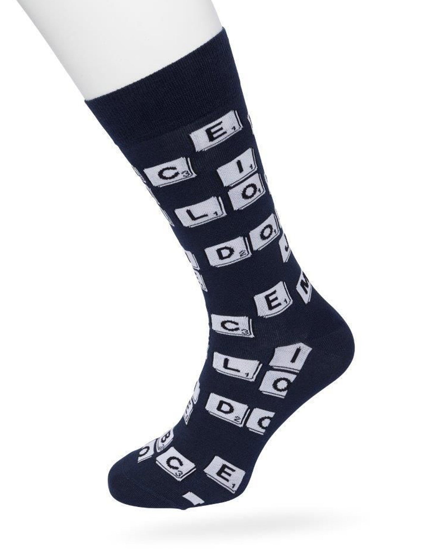 Bonnie Doon BT992134 Scrabble Sock - Dark navy cotton crew length ankle socks with white scrabble letter tiles pattern, shaped heel and flat toe seams.