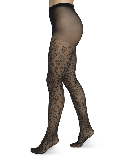 Bonnie Doon Panther Tights - Black sheer fashion tights with a leopard print pattern.