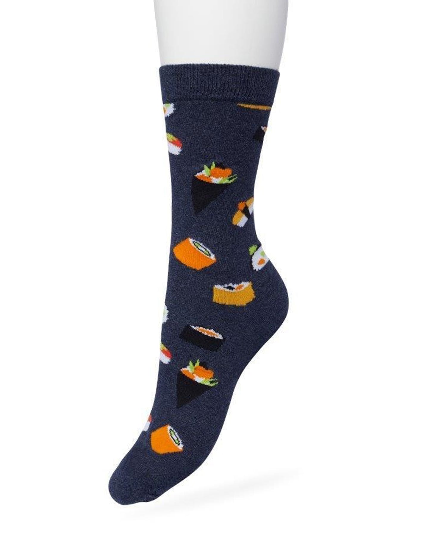 Bonnie Doon Sushi Sock - Dark denim blue cotton crew length ankle socks with multicoloured sushi pattern, shaped heel and flat toe seams.