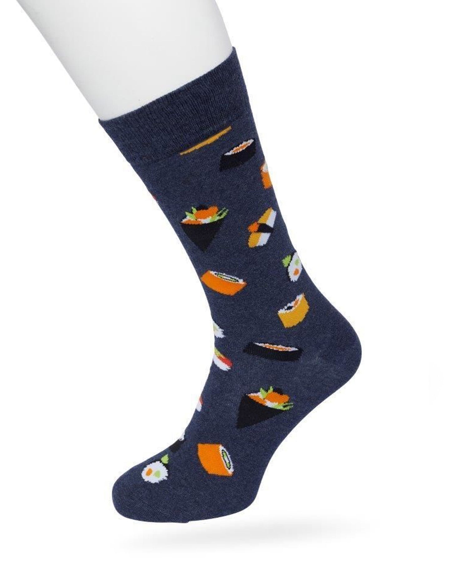 Bonnie Doon Sushi Sock - Navy blue cotton crew length ankle socks with multicoloured sushi pattern, shaped heel and flat toe seams.
