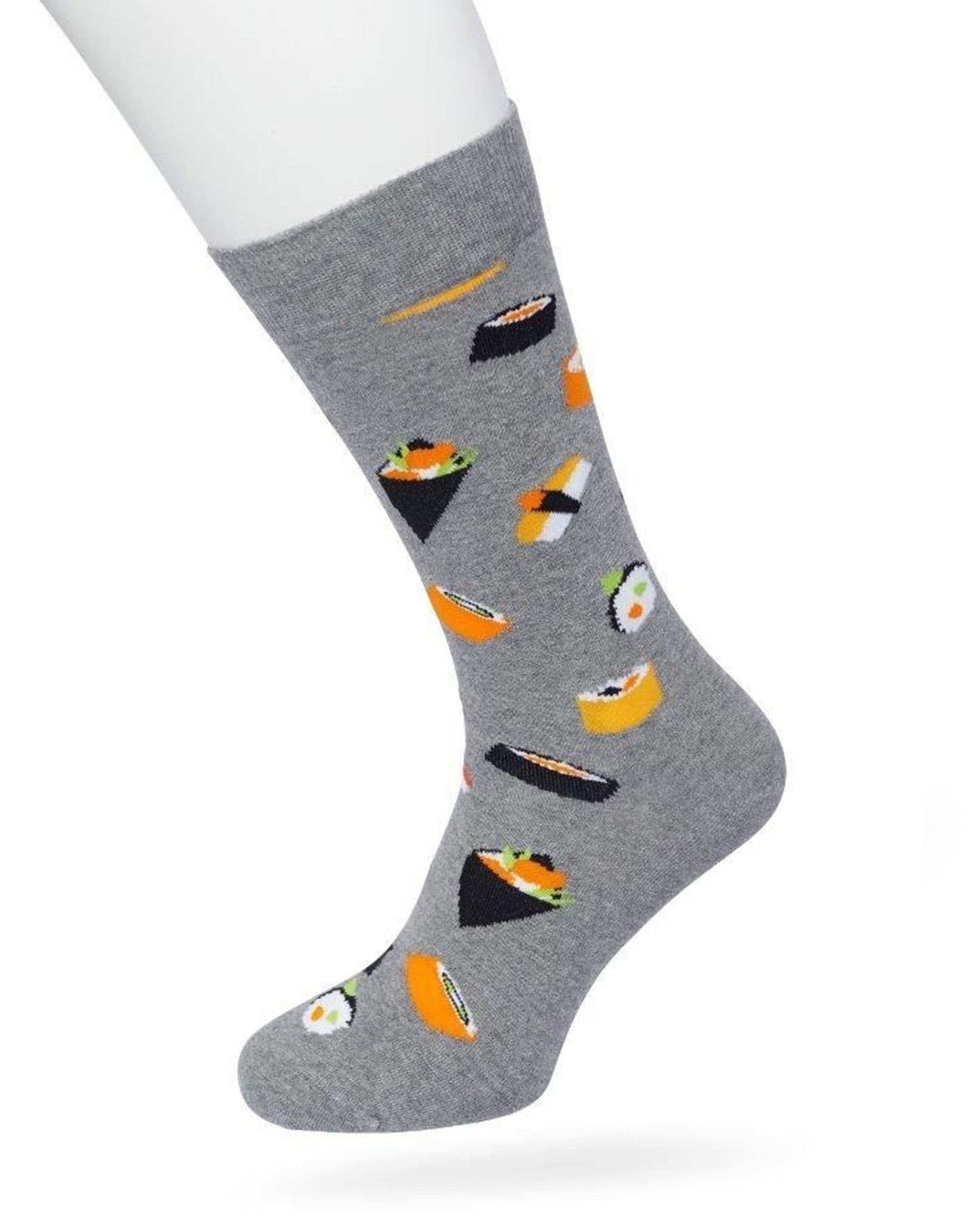 Bonnie Doon Sushi Sock - Grey cotton crew length ankle socks with multicoloured sushi pattern, shaped heel and flat toe seams.