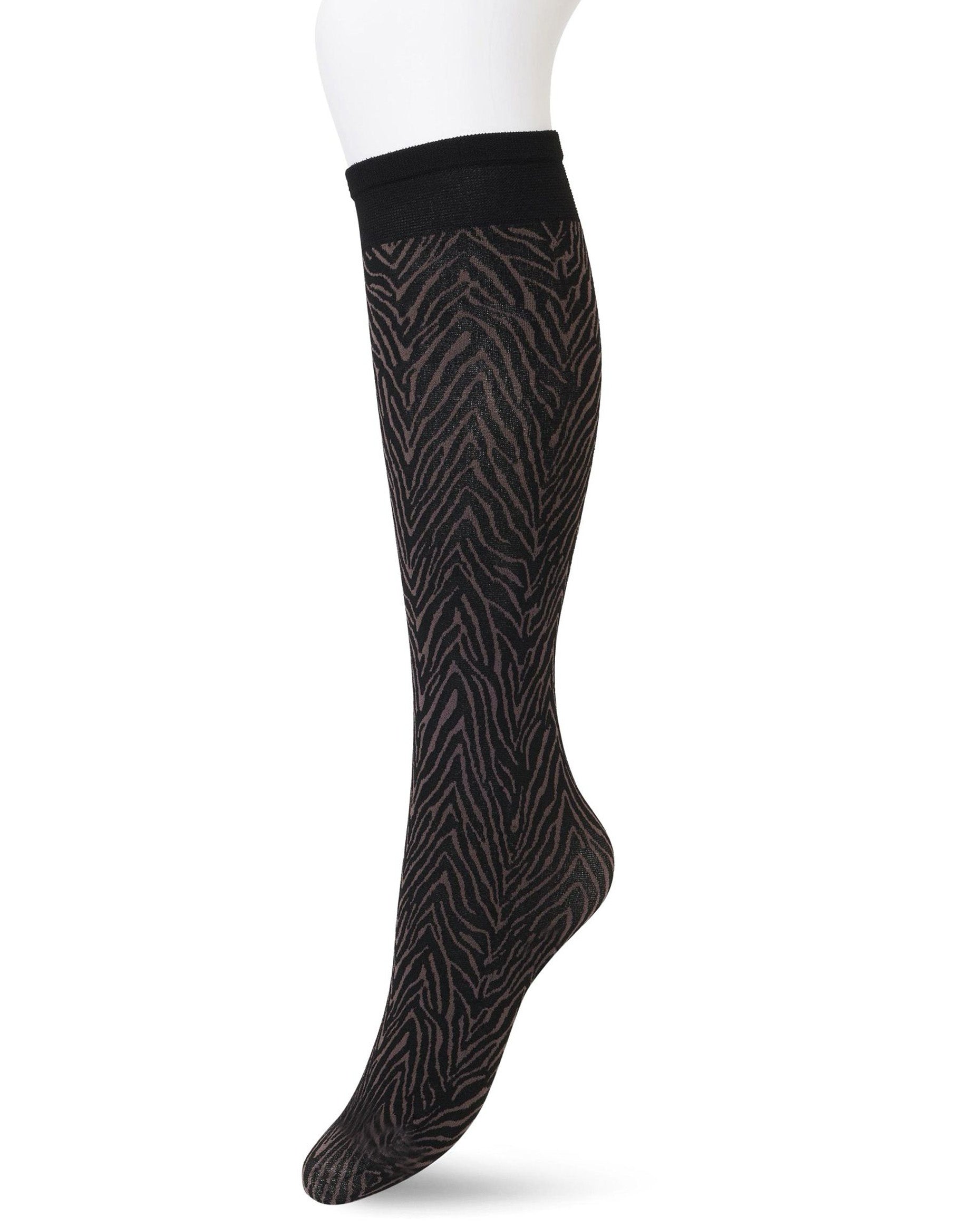 Bonnie Doon BP211509 Minotauro Knee-highs - Black opaque fashion knee-high socks with a linear zebra style pattern in brown.