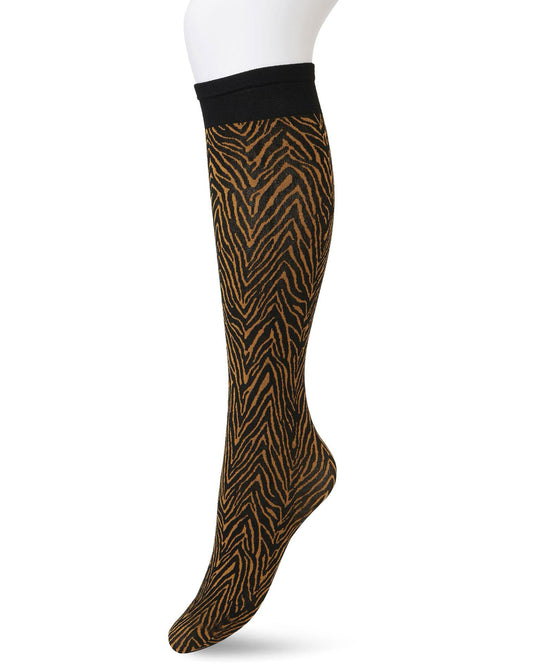 Bonnie Doon BP211509 Minotauro Knee-highs - Black opaque fashion knee-high socks with a linear zebra style pattern in rust.