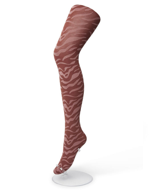 Bonnie Doon Zebra Tights - Ultra opaque wine fashion tights with a pale pink woven wavy style zebra pattern, flat seams and gusset.