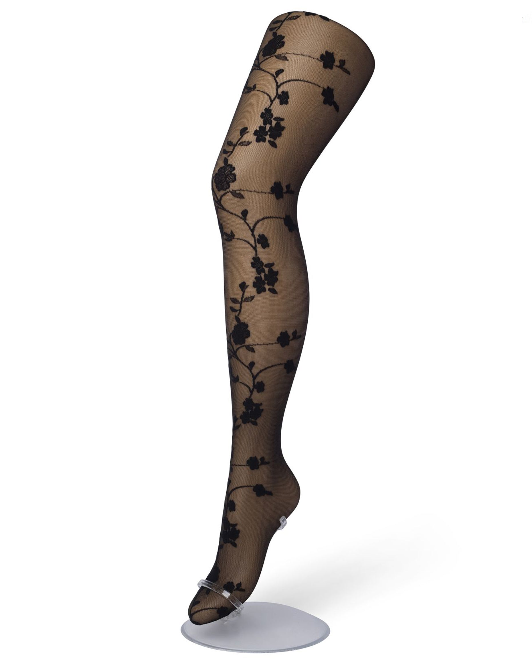 Bonnie Doon Bloom Tights - Sheer black fashion tights with a woven floral vine pattern on the front and plain on the back, reinforced boxer top brief and gusset.