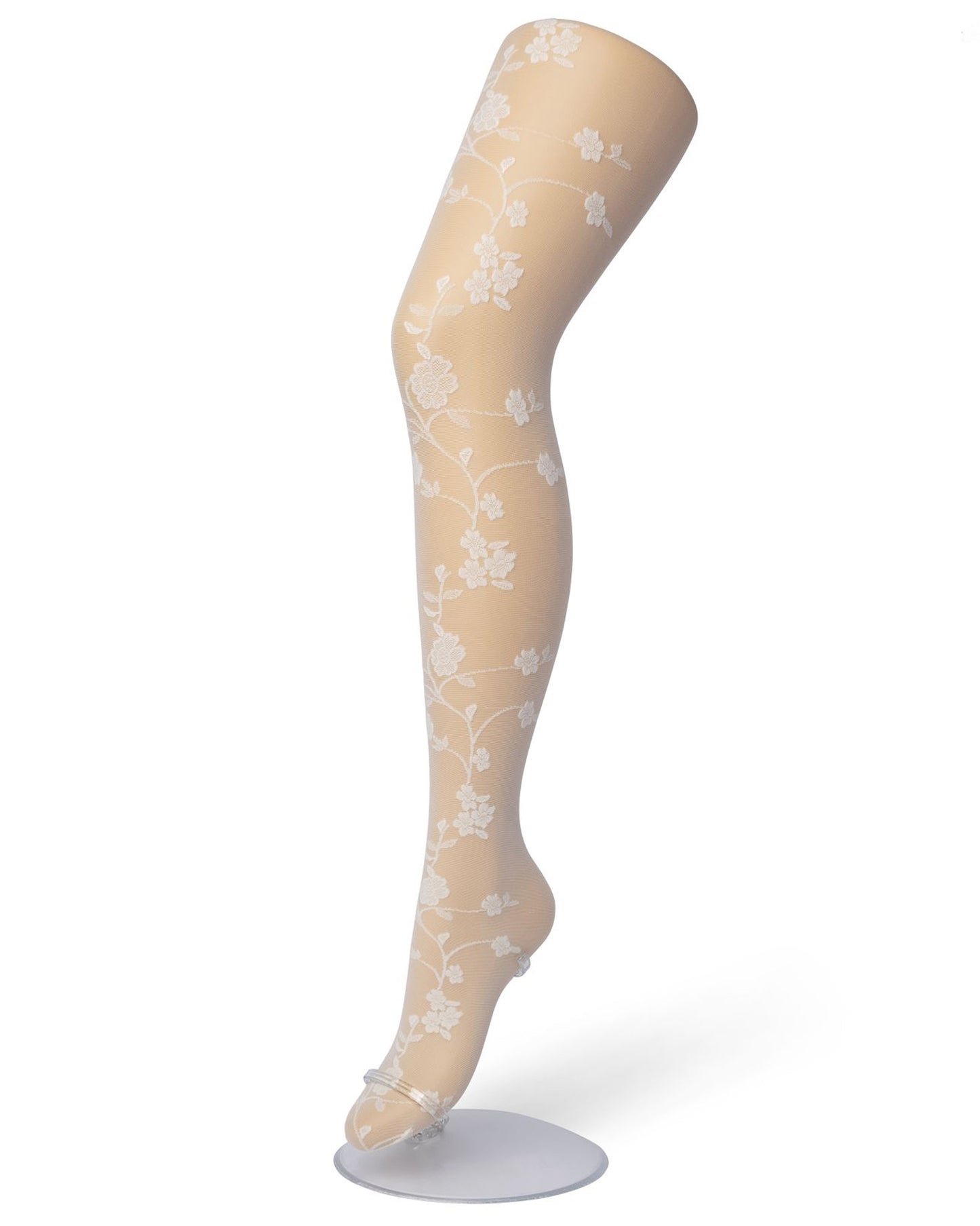 Bonnie Doon Bloom Tights - Sheer ivory cream fashion tights with a woven floral vine pattern on the front and plain on the back, reinforced boxer top brief and gusset.