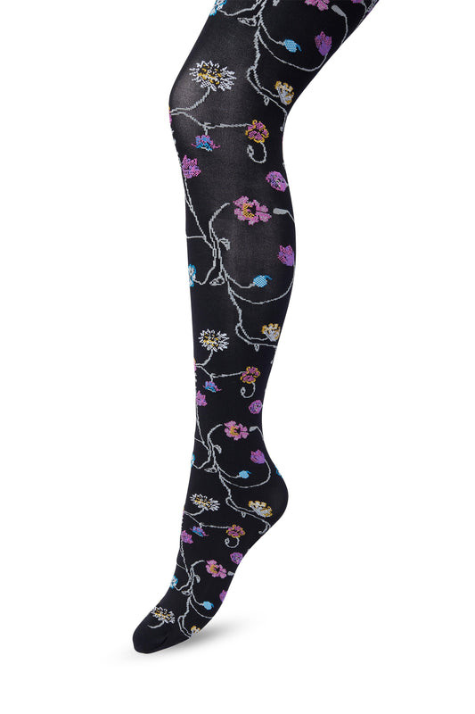Bonnie Doon Floral Tights - Soft black opaque fashion tights with a multicoloured woven floral pattern