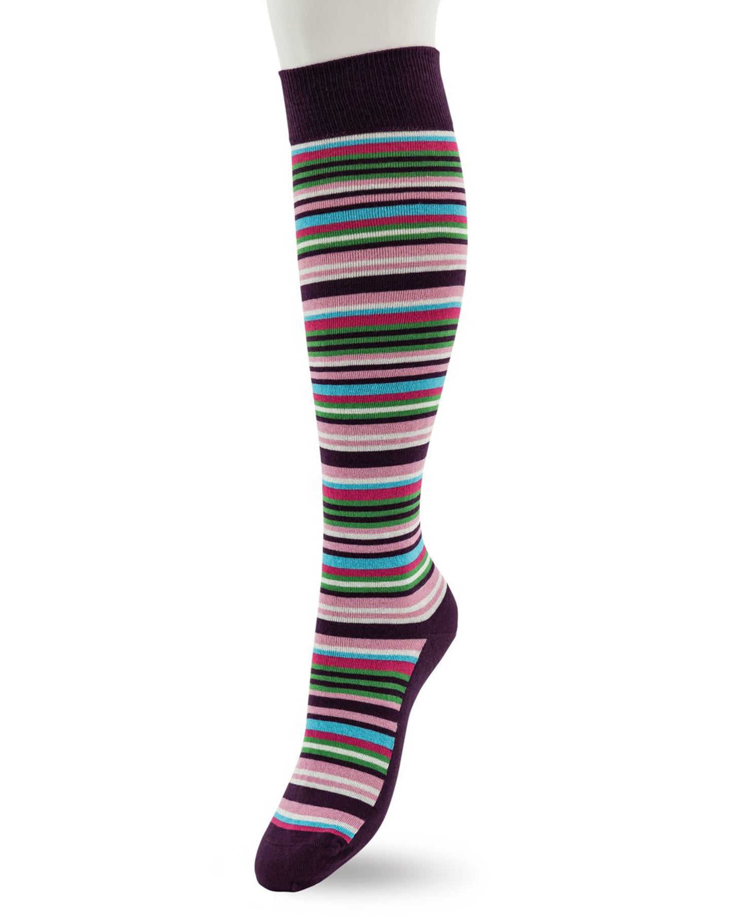 Bonnie Doon BP231501 Funky Stripes Socks - Dark plum purple cotton knee high socks with a multicoloured horizontal stripe pattern in shades of pink, green and white, plain cuff and sole.