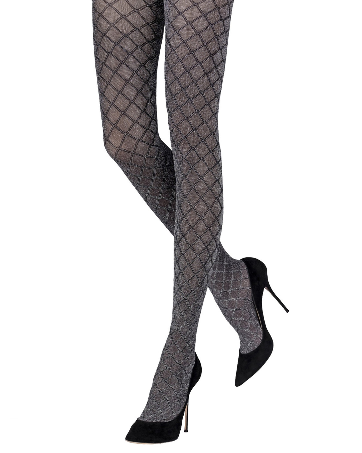 Emilio Cavallini Metallized Diamond Tights - Semi opaque black tights with an all over enclosed fishnet diamond style textured pattern with sparkly silver lamé throughout, perfect for party season.