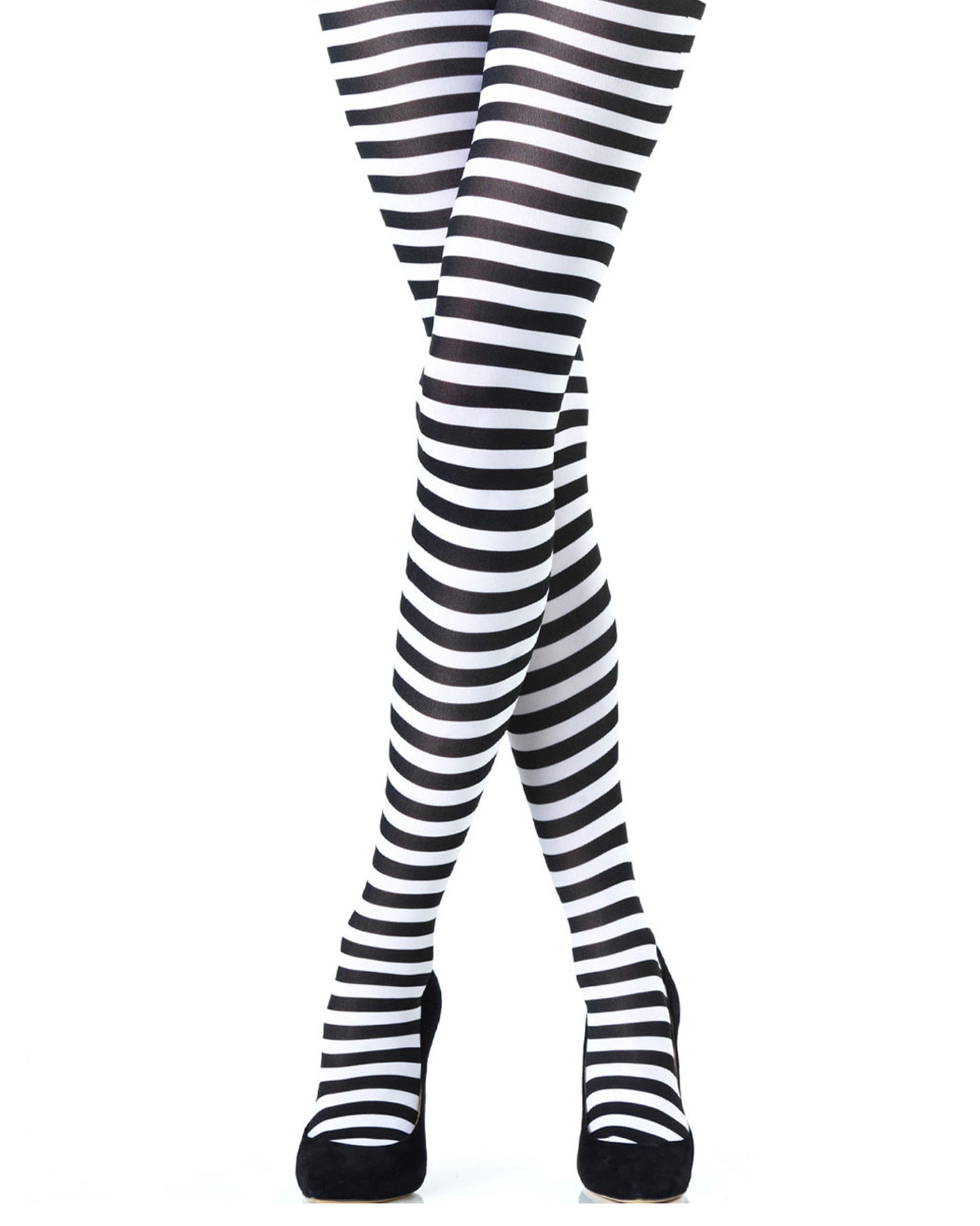 Emilio Cavallini Two Toned Horizontal Stripes Tights - black and white striped tights, model has legs crossed, wearing black stilettos.
