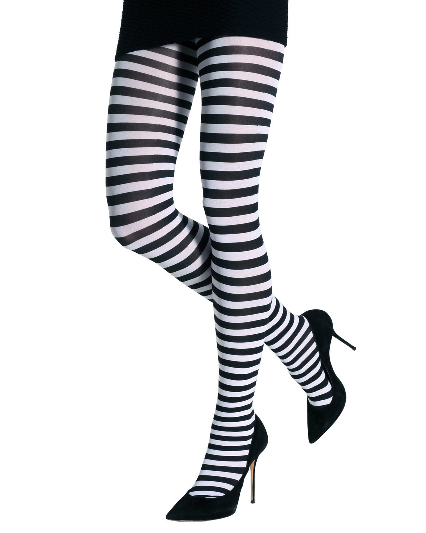Emilio Cavallini Two Toned Horizontal Stripes Tights - black and white striped tights, model has legs crossed, wearing black stilettos and black mini skirt.