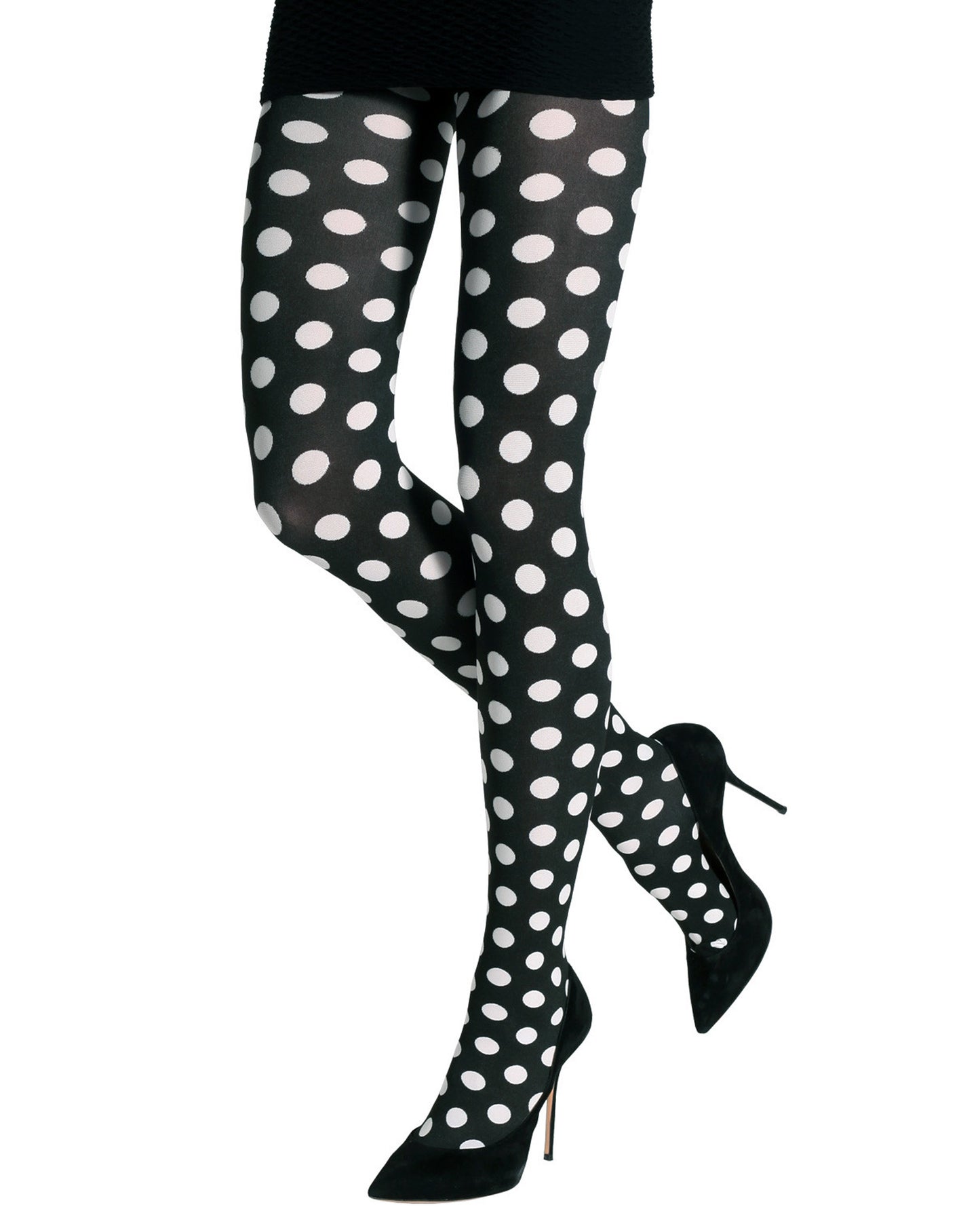 Emilio Cavallini Two Toned Medium Dots Tights - black opaque tights with white polka dots, worn with black mini skirt and stilettos.