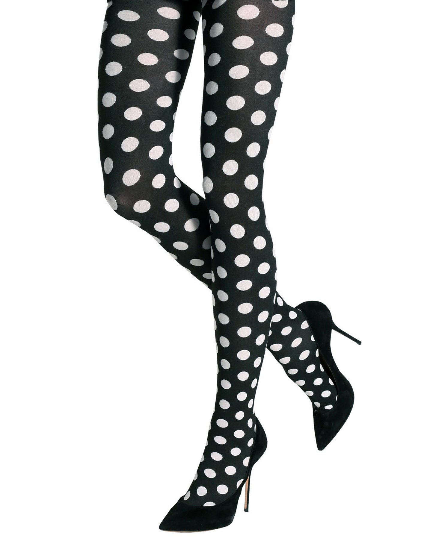 Emilio Cavallini Two Toned Medium Dots Tights - black opaque tights with white polka dots, worn with black high heels.