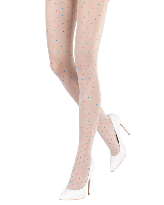 Emilio Cavallini Multicolor Plumetis Tights - Sheer cream fashion ankle socks with an all over small polka dot spot pattern in pink and blue, worn with white high heel stilettos