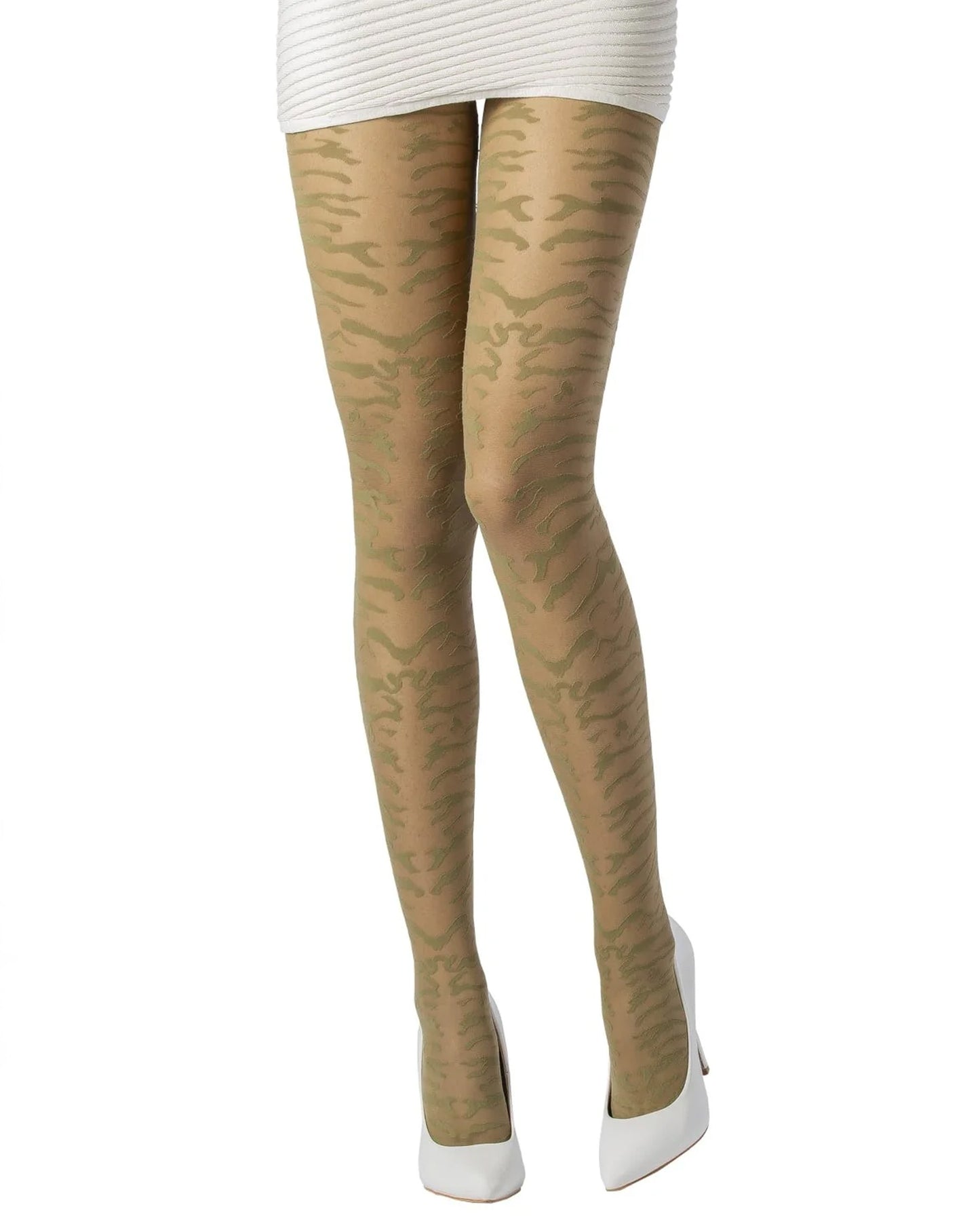 Emilio Cavallini 5D55.1.8 Animalier Tights - sheer khaki green tiger print animal patter fashion tights, worn with white ribbed mini skirt and stilettos.