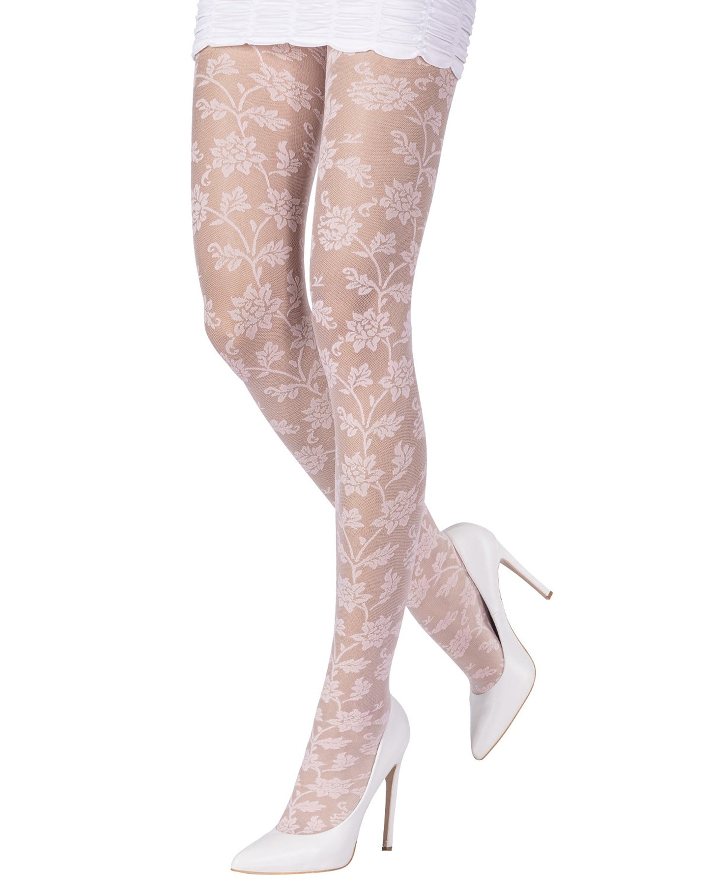 Emilio Cavallini 5D96.1.8 Fiordaliso Tights - light pink floral lace pattern fashion tights, worn with white stilettos and mini skirt.
