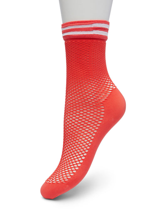 Bonnie Doon Sporty Fishnet Socks - Orange fishnet ankle socks with a plain opaque sole and reinforced toe and deep elasticated comfort cuff with a white double sports stripe.