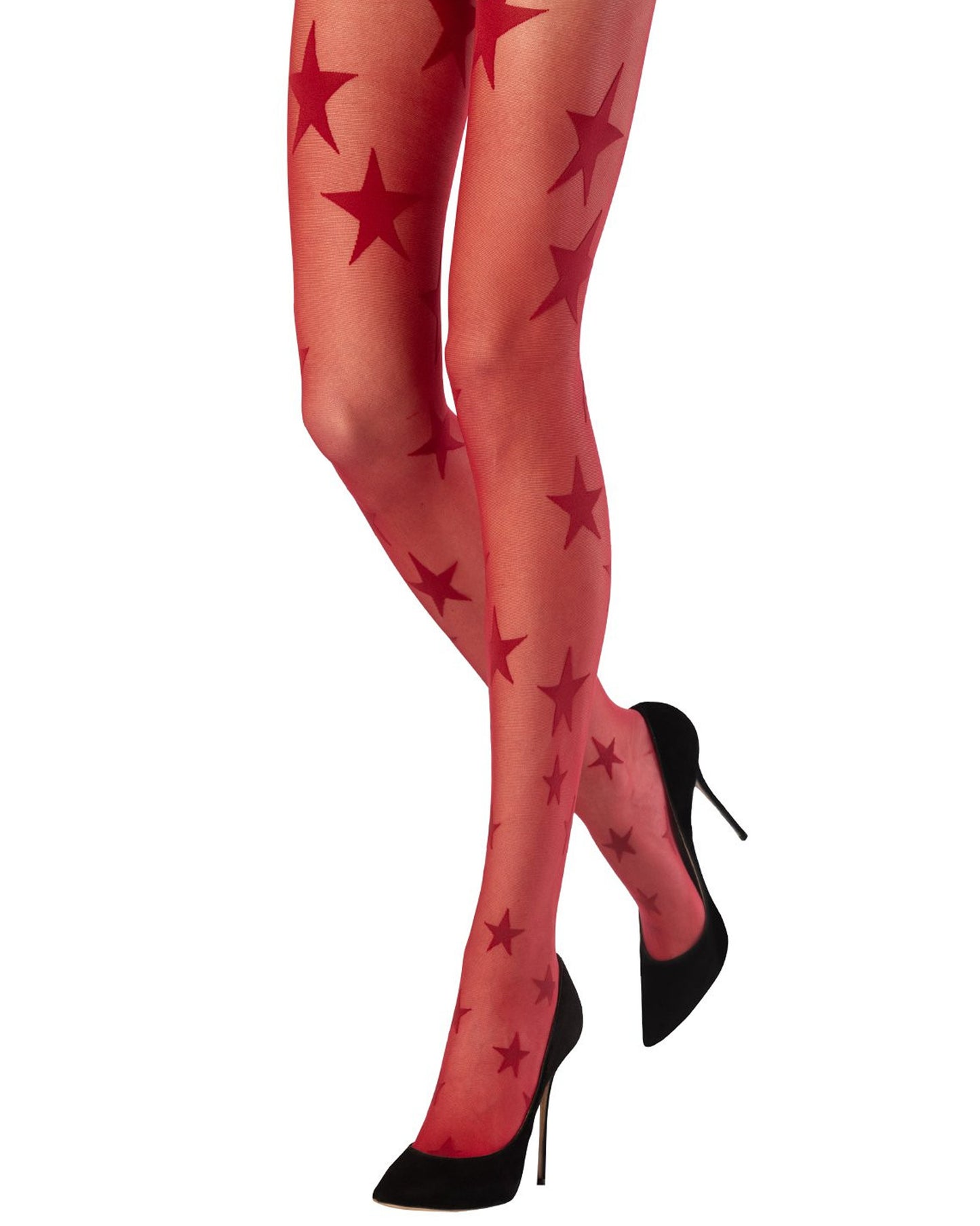 Emilio Cavallini Galaxy Tights - Sheer dark red fashion tights with an all over stars pattern, worn with high heels.