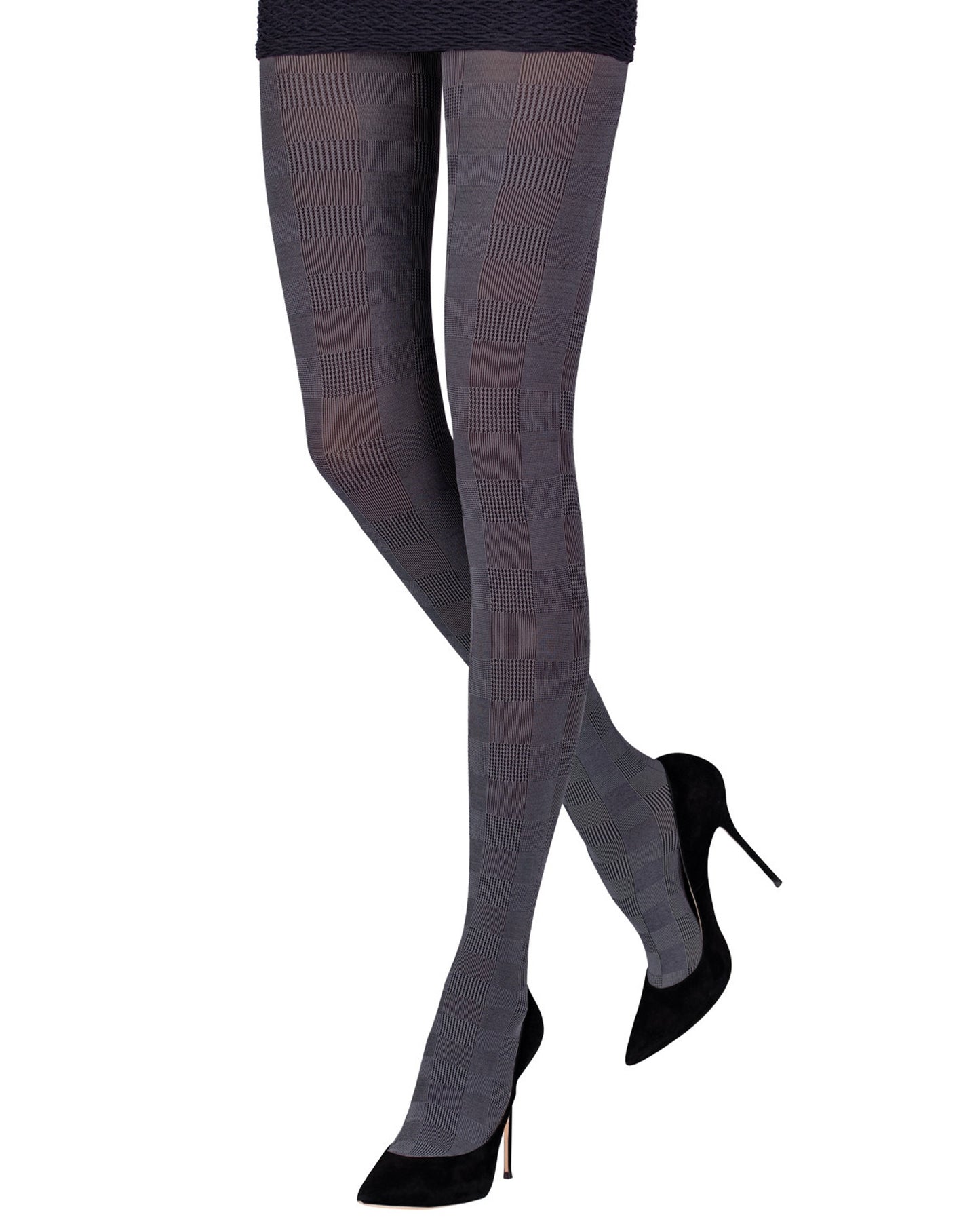 Emilio Cavallini Glen Plaid Tights - Opaque fashion tights with a woven plaid check style pattern in black and grey. Worn with black mini skirt and high heels.