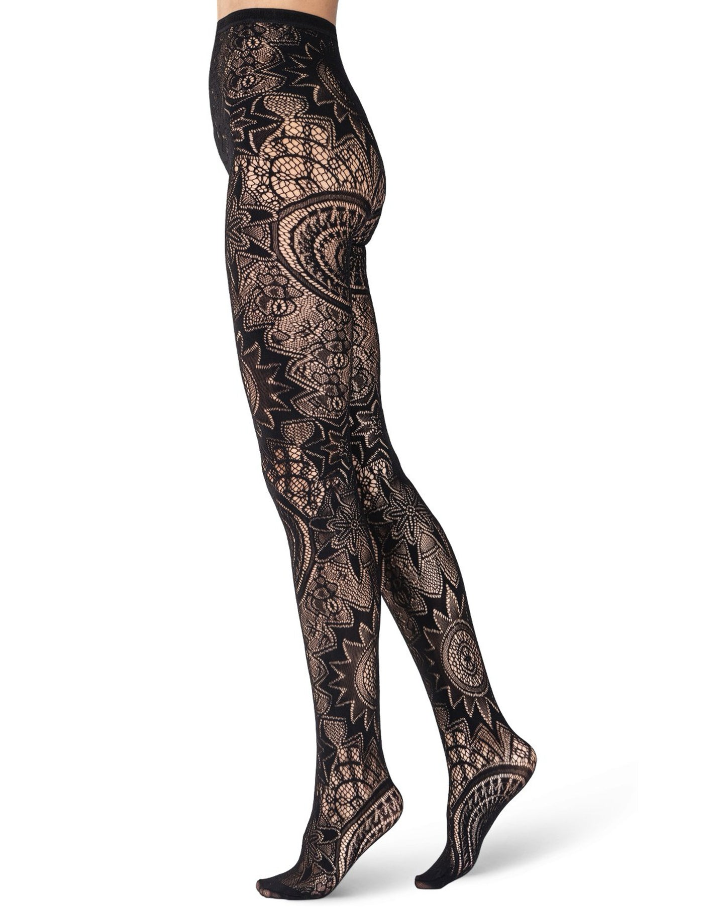 Emilio Cavallini Gothic Lace Tights - Black openwork lace tights in a gothic mandala style, side view.