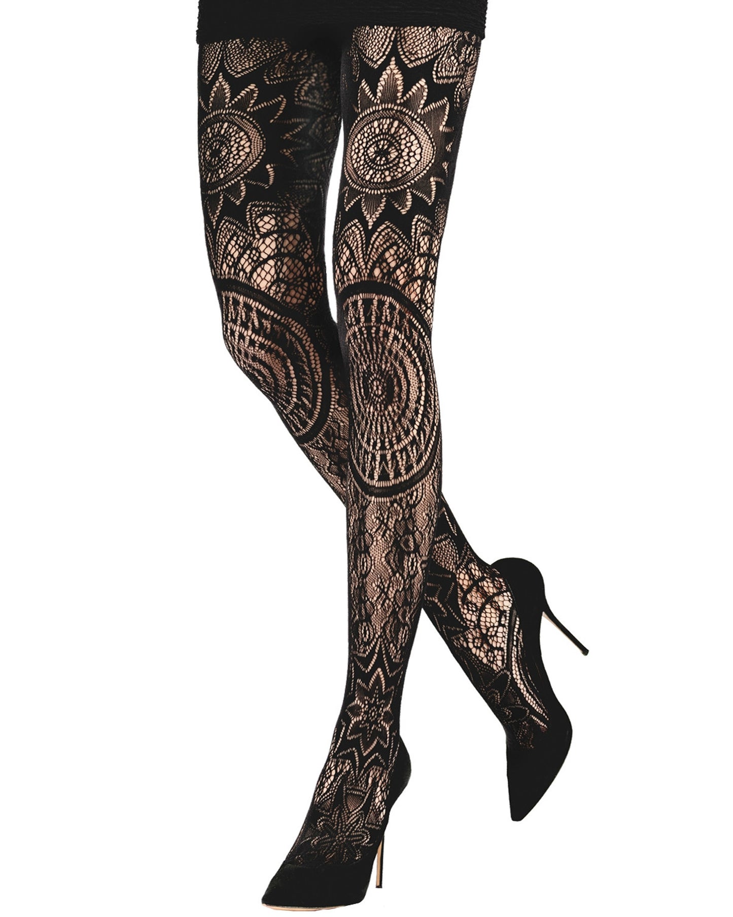 Emilio Cavallini Gothic Lace Tights - Black openwork lace tights in a gothic mandala style, worn with black mini skirt and stilettos.