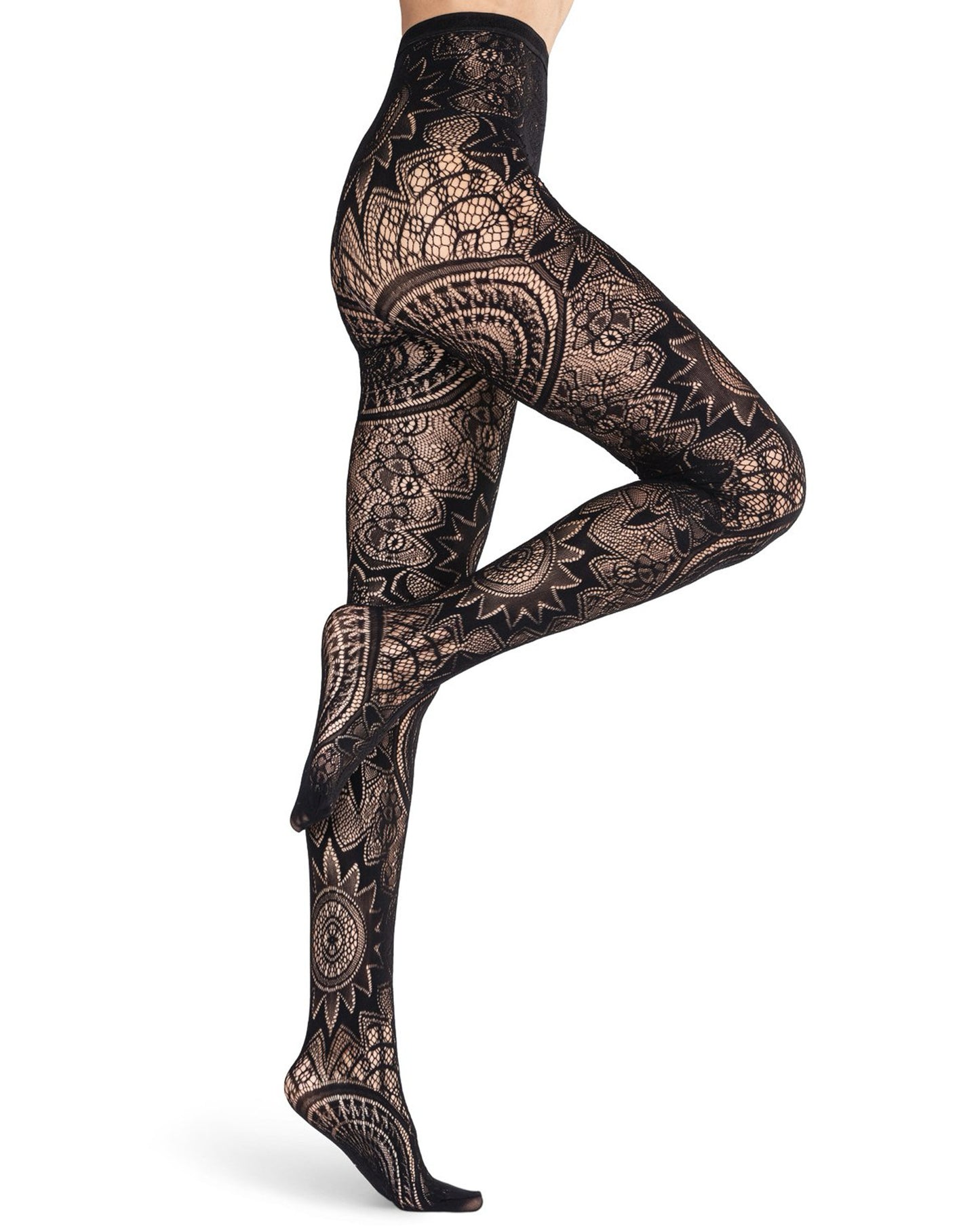 Emilio Cavallini Gothic Lace Tights - Black openwork lace tights in a gothic mandala style, side view.