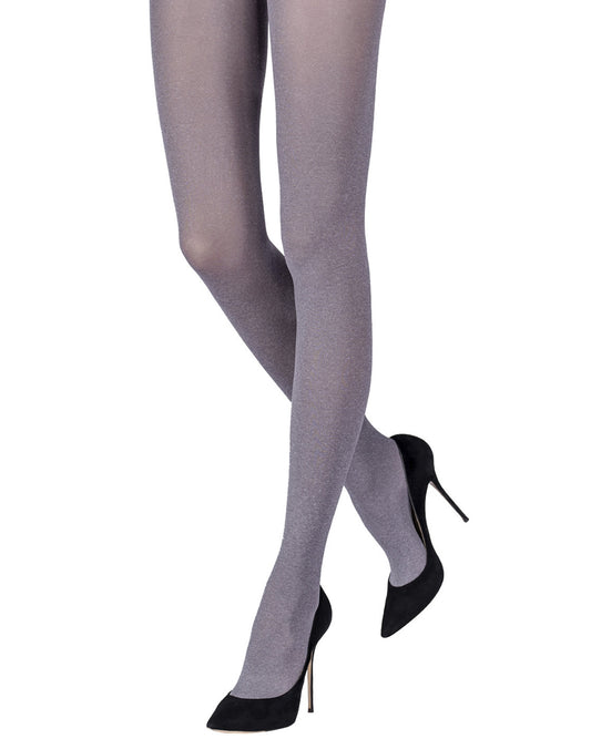 Grey opaque tights with a melange knitted fleck effect, flat seams and gusset.