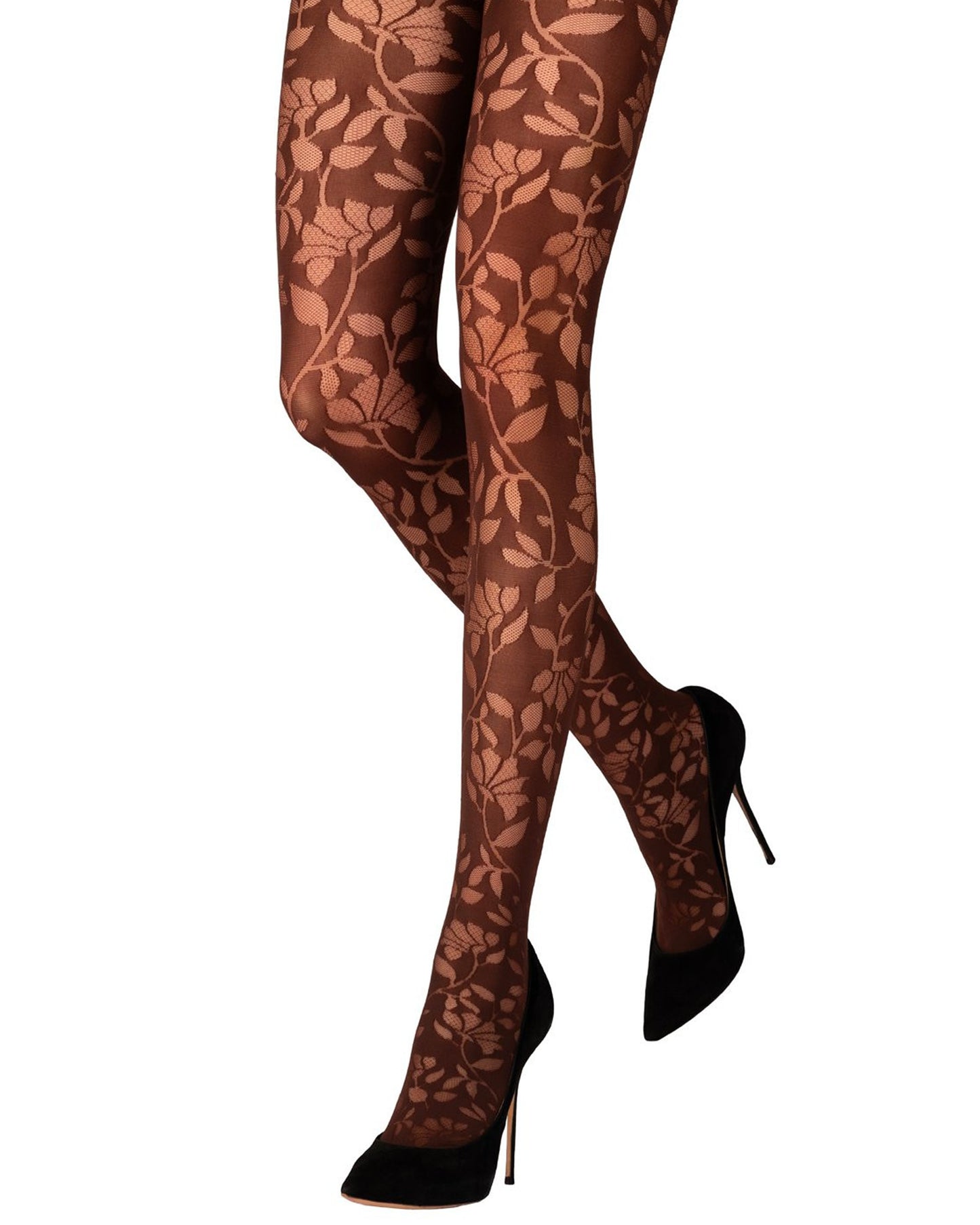 Emilio Cavallini Inlaid Flowers Tights - Brown soft opaque fashion tights with a sheer cut-out floral and leaf style pattern, worn with black stilettos.