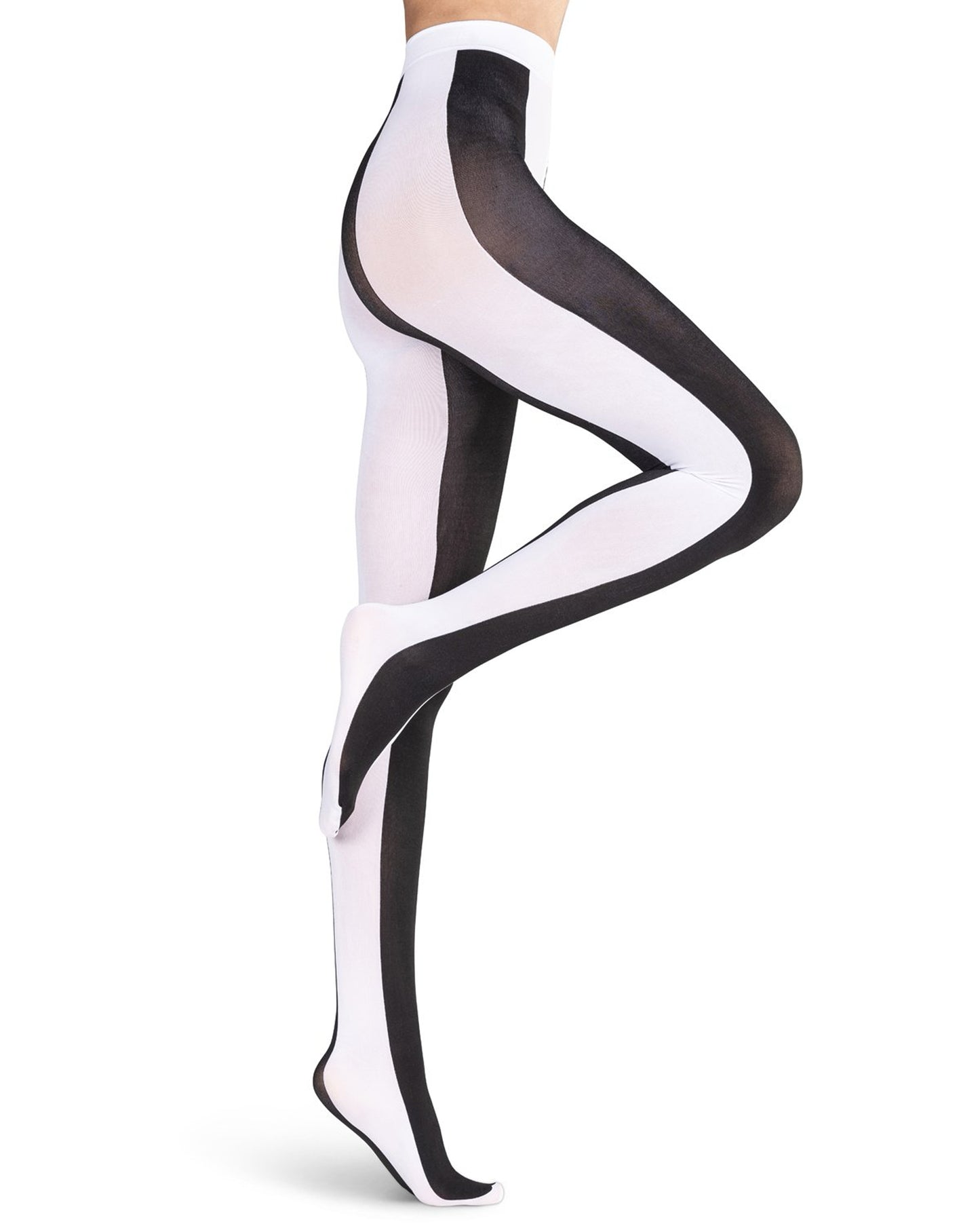 Emilio Cavallini Two Toned Large Vertical Stripes Tights - black and white striped pattern tights, side view.