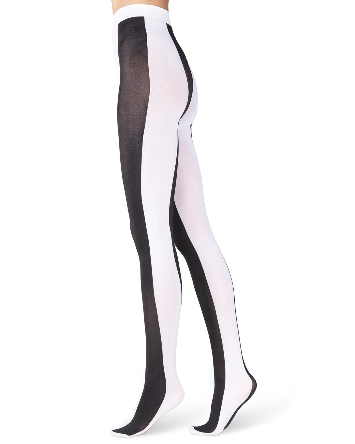 Emilio Cavallini Two Toned Large Vertical Stripes Tights - black and white striped pattern tights, side view.