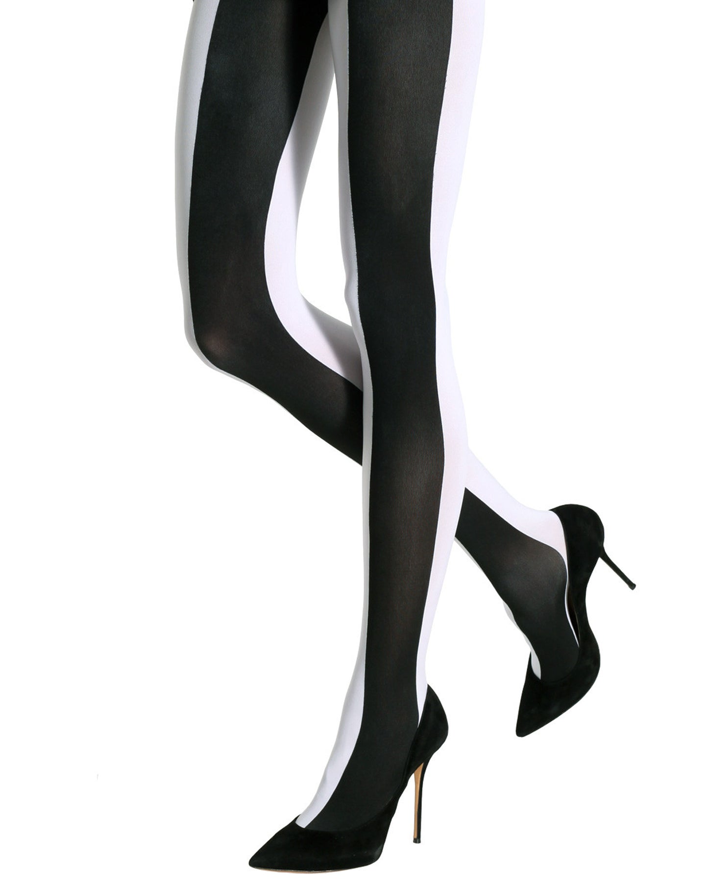 Emilio Cavallini Two Toned Large Vertical Stripes Tights - black and white striped pattern tights, worn with black high heels.