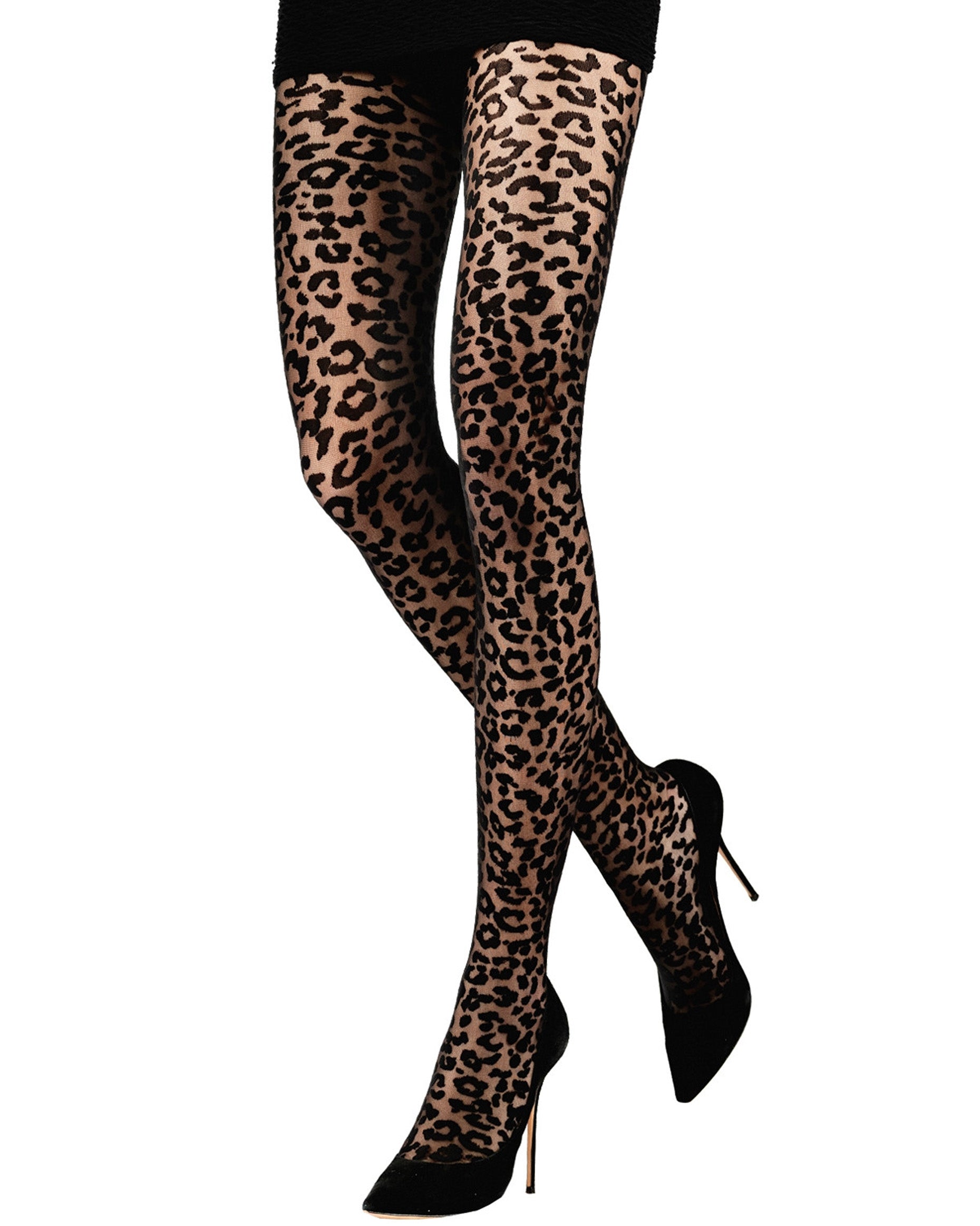 Emilio Cavallini Leopard Tights - sheer black fashion tights with a black opaque animal print pattern, worn with black mini skirt and high heel stilettos