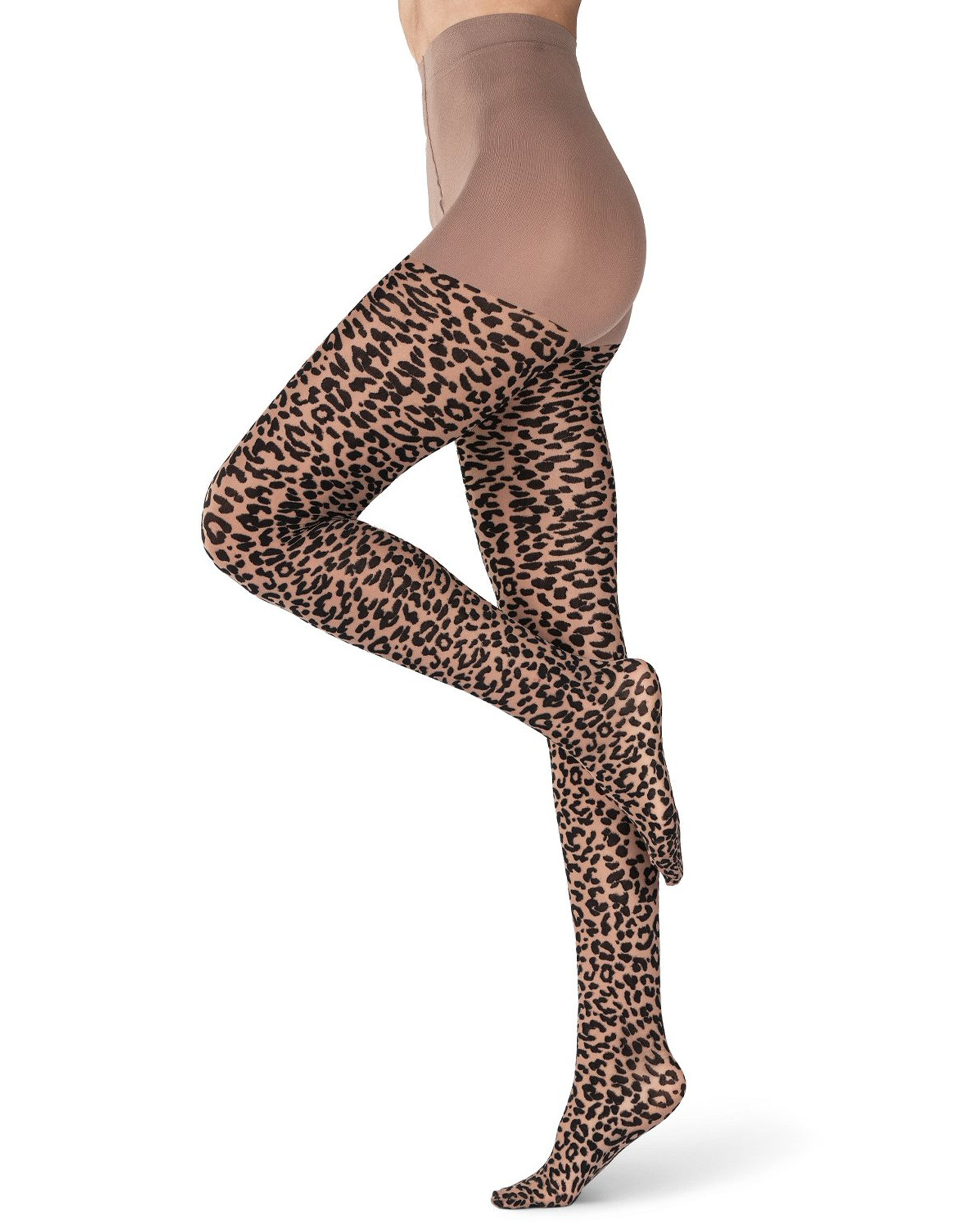 Emilio Cavallini Leopard Tights - sheer nude fashion tights with a black opaque animal print pattern