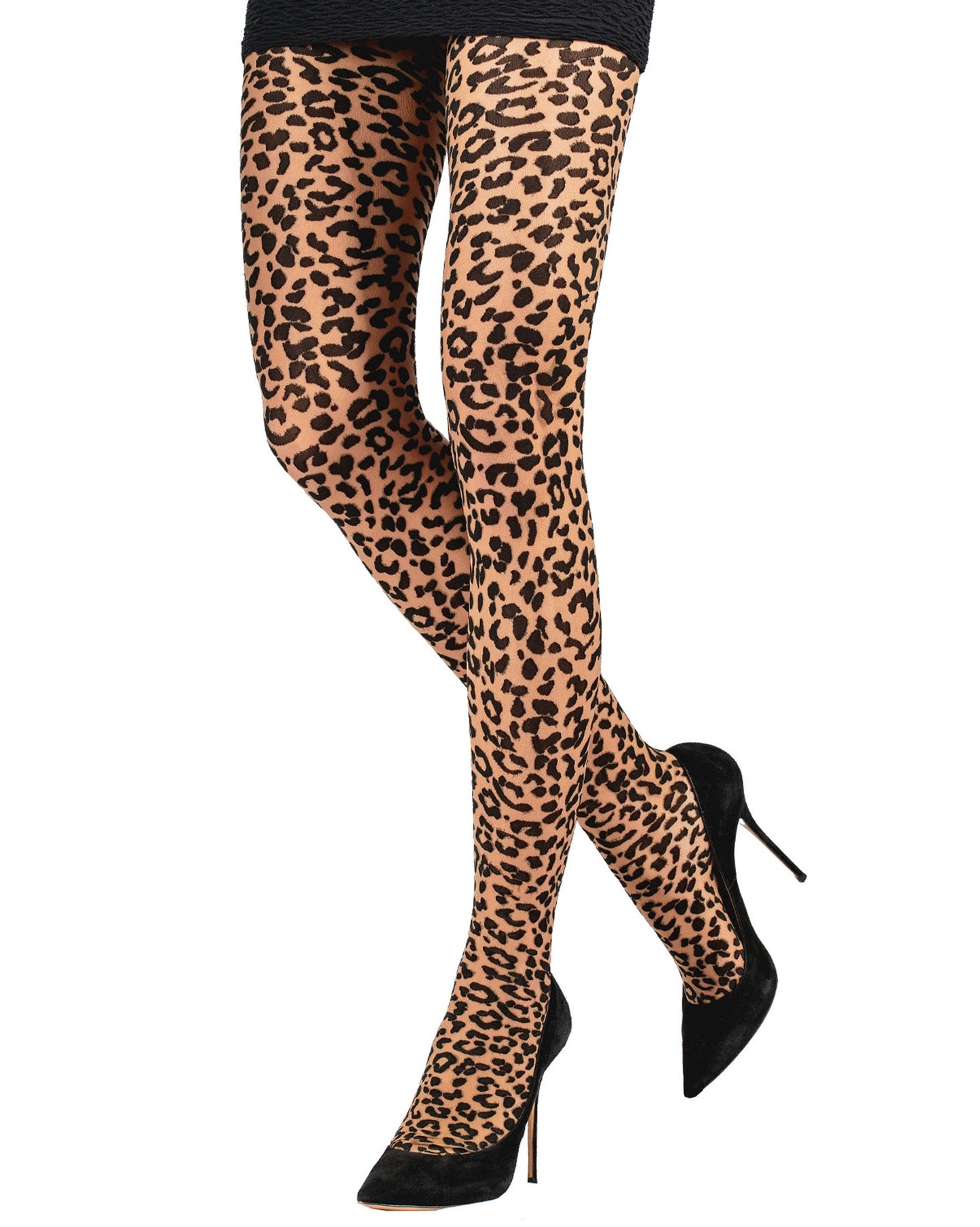 Emilio Cavallini Leopard Tights - sheer nude fashion tights with a black opaque animal print pattern, worn with black mini skirt and high heel stilettos