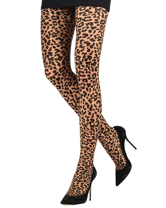 Emilio Cavallini Leopard Tights - sheer nude fashion tights with a black opaque animal print pattern, worn with black mini skirt and high heel stilettos