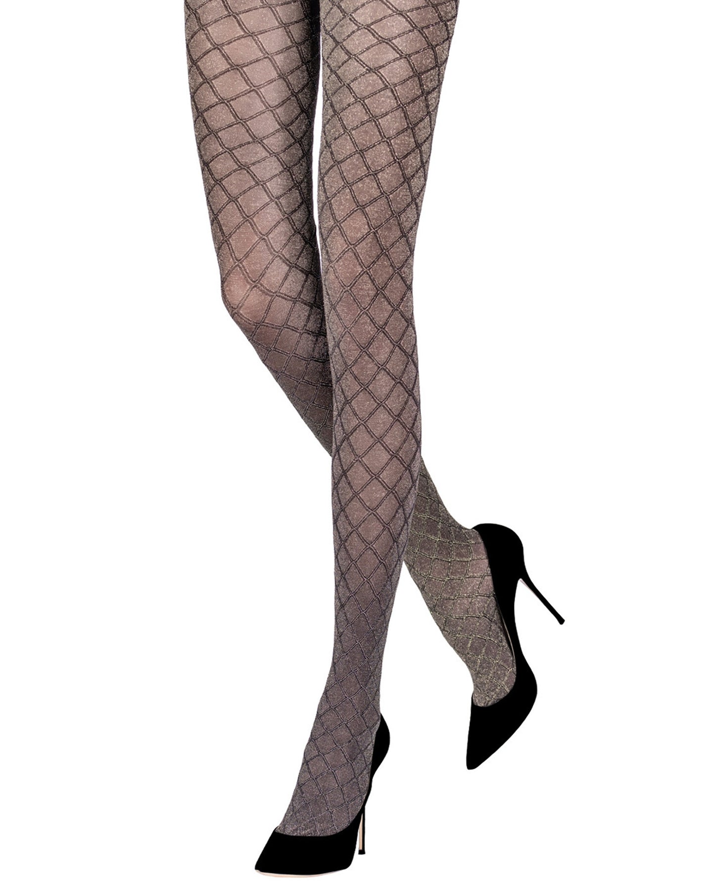 Emilio Cavallini Metallized Diamond Tights - Semi opaque black tights with an all over enclosed fishnet style textured pattern with sparkly gold lamé throughout, perfect for party season.