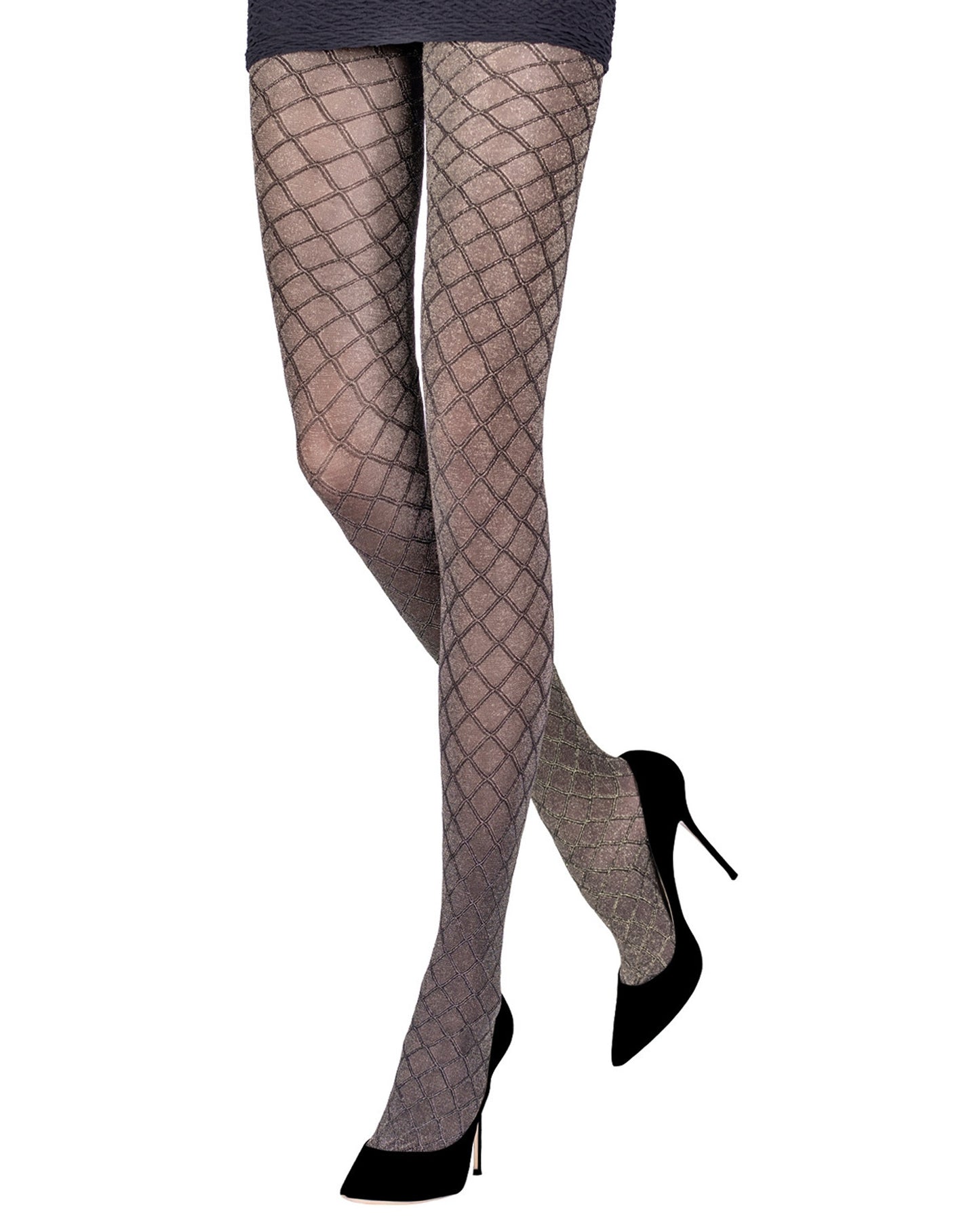 Emilio Cavallini Metallized Diamond Tights - Semi opaque black tights with an all over enclosed fishnet style textured pattern with sparkly gold lamé throughout, worn with black mini skirt and black stiletto heels.