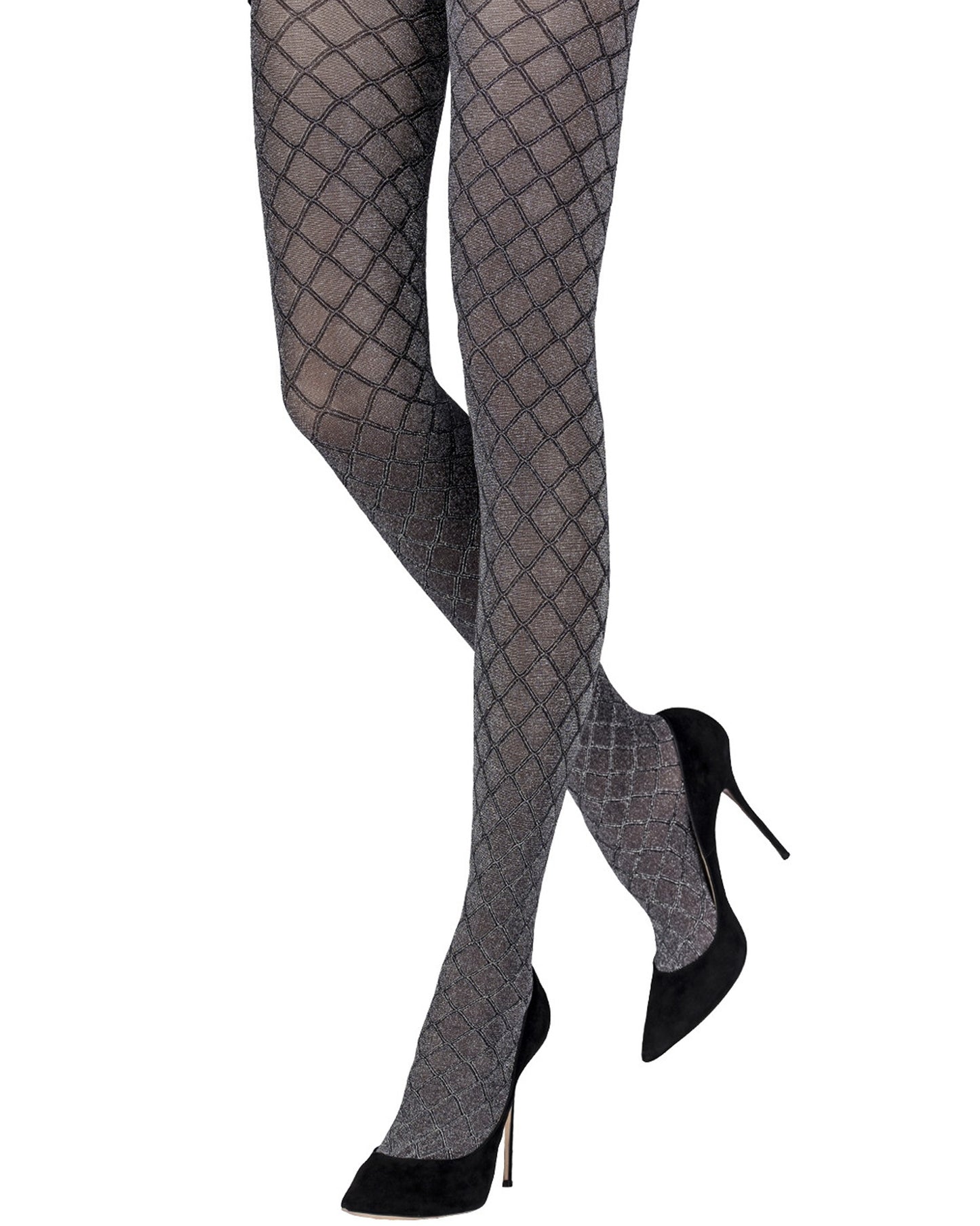 Emilio Cavallini Metallized Diamond Tights - Semi opaque black tights with an all over enclosed fishnet style textured pattern with sparkly gold lamé throughout, perfect for party season.