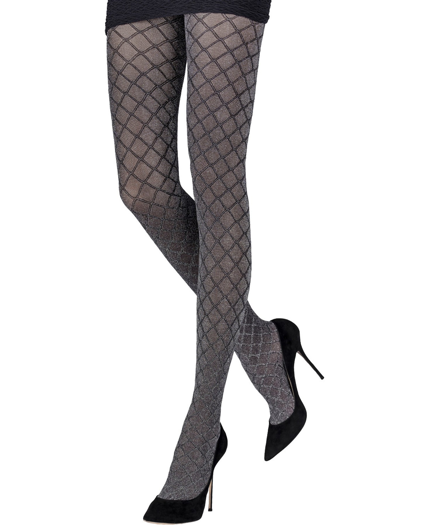 Emilio Cavallini Metallized Diamond Tights - Semi opaque black tights with an all over enclosed fishnet style textured pattern with sparkly silver lamé throughout, worn with black mini skirt and black stiletto heels.