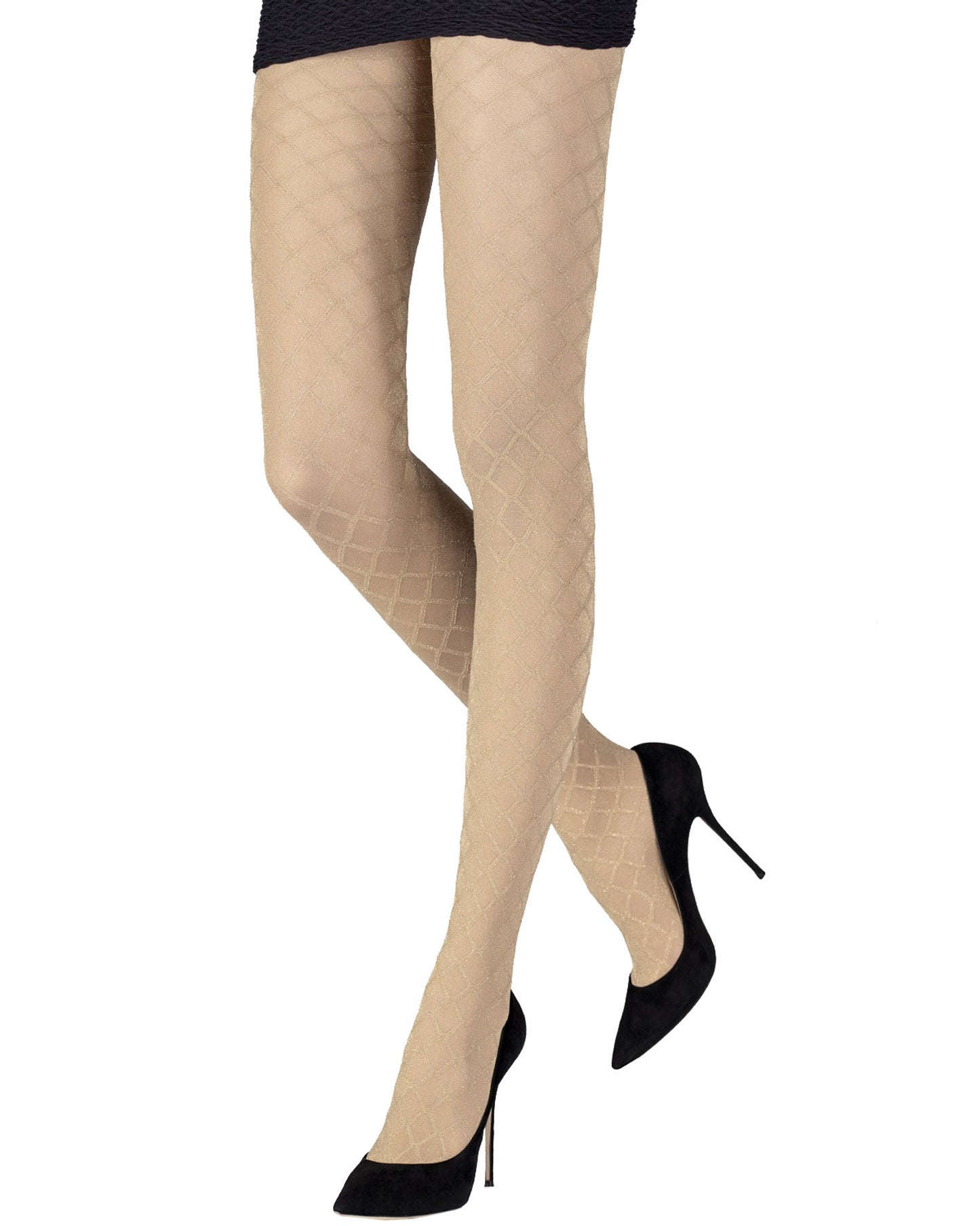 Emilio Cavallini Metallized Diamond Tights - Semi opaque tights with an all over enclosed fishnet style textured pattern with sparkly gold lamé throughout, worn with black mini skirt and black stiletto heels.