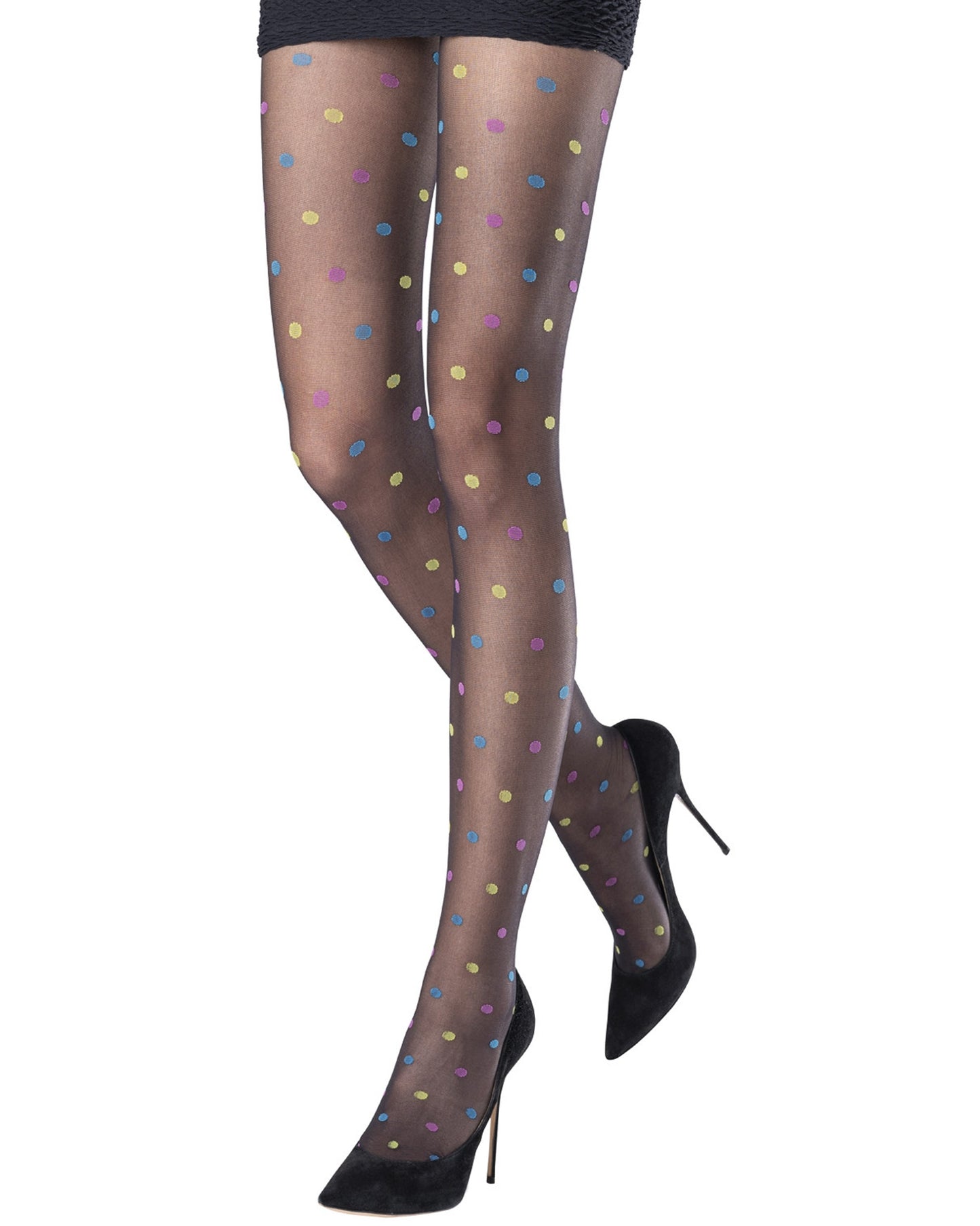 Emilio Cavallini 5F02.1.34 4T Multi Spot Tights - Sheer black fashion tights with multicoloured polka dot pattern. Worn with black mini skirt and black high heels.