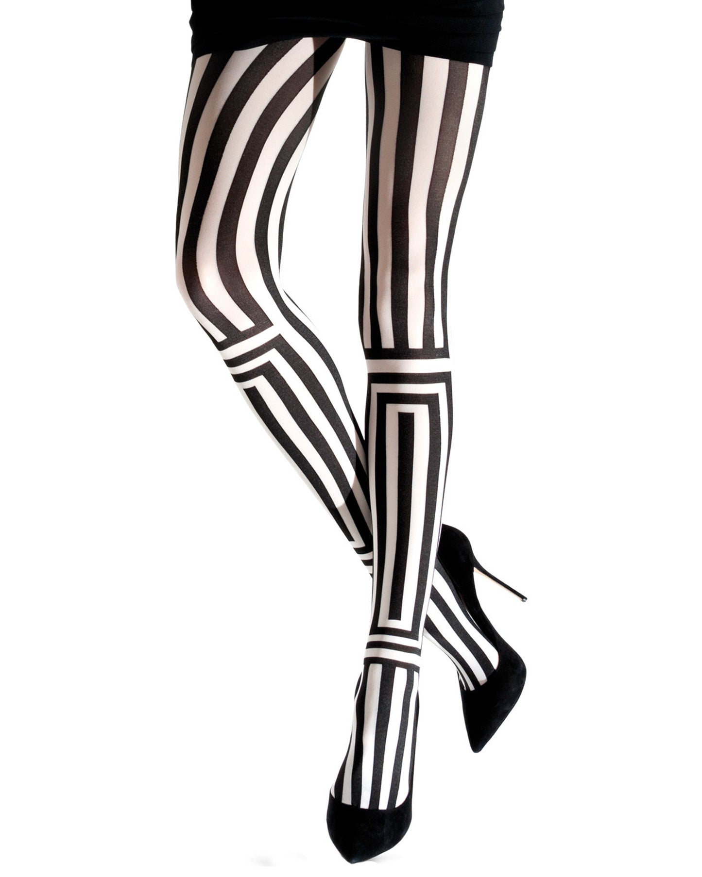 Emilio Cavallini Two Toned Optica Tights - black and white geometric striped tights, worn with black mini skirt & stilettos.