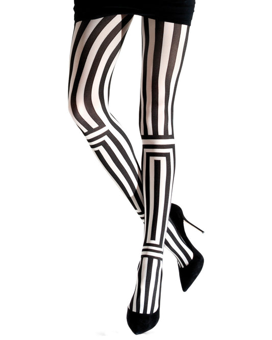 Emilio Cavallini Two Toned Optica Tights - black and white geometric striped tights, worn with black mini skirt & stilettos.