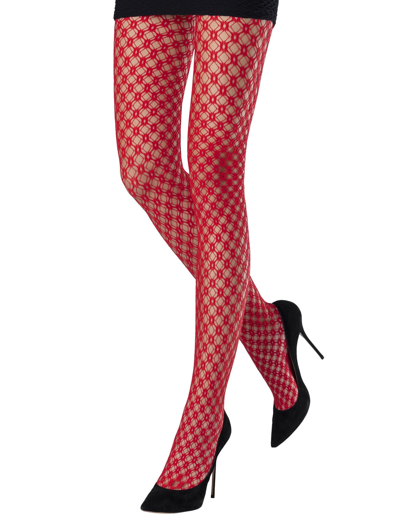 Emilio Cavallini Prism Net Tights - Red openwork geometric diamond style fashion tights, worn with black mini skirt and black stiletto heel shoes.